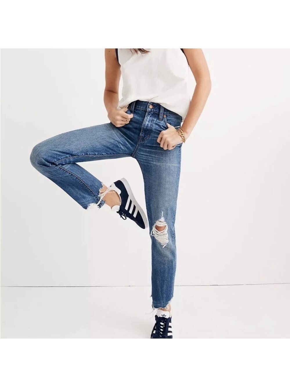 Madewell the perfect Vintage Collection blue jeans distressed denim ripped knees